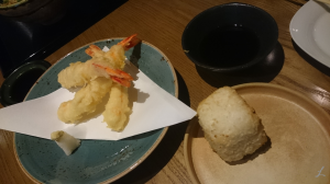 ebi tempura and yaki onigiri